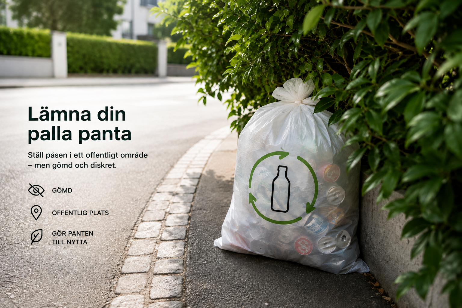 En säck pant står gömd vid en häck på en offentlig plats. Text: Ställ påsen i ett offentligt område – men gömd och diskret.